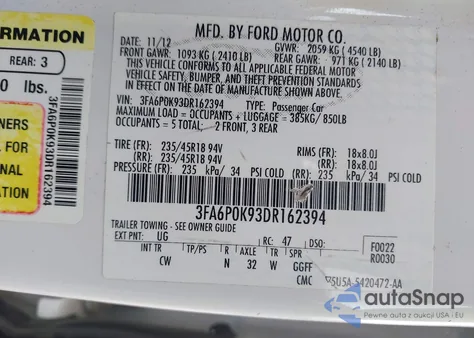 2013 Ford Fusion Titanium z USA, uszkodzony, nr VIN 3FA6P0K93DR162394